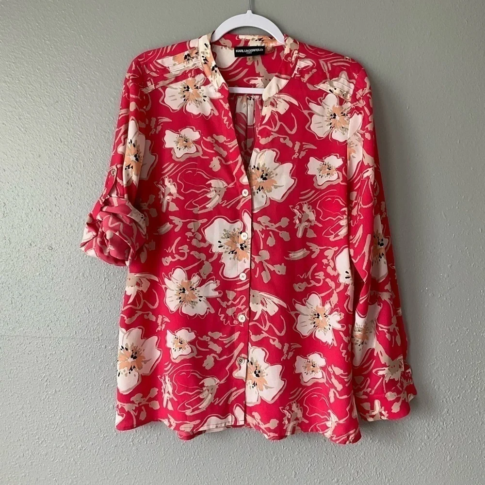 Karl Lagerfeld Blouse coral with floral print long sleeve size Large T177